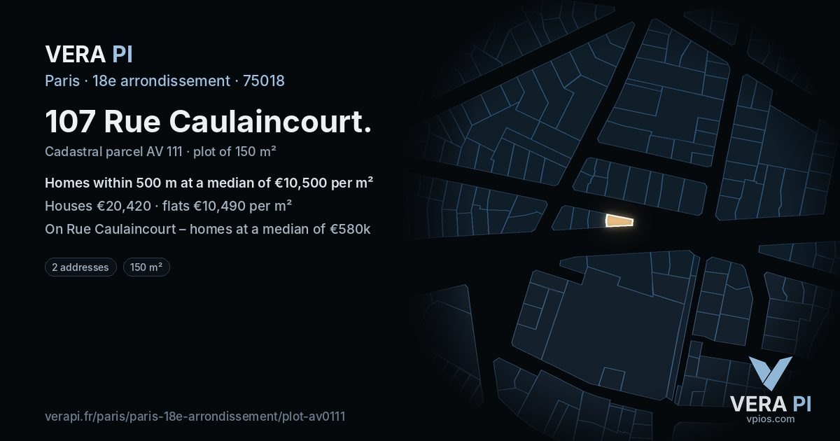 107 Rue Caulaincourt, 18e arrondissement at night – the plot lit, the parcels around coloured by the prices near them