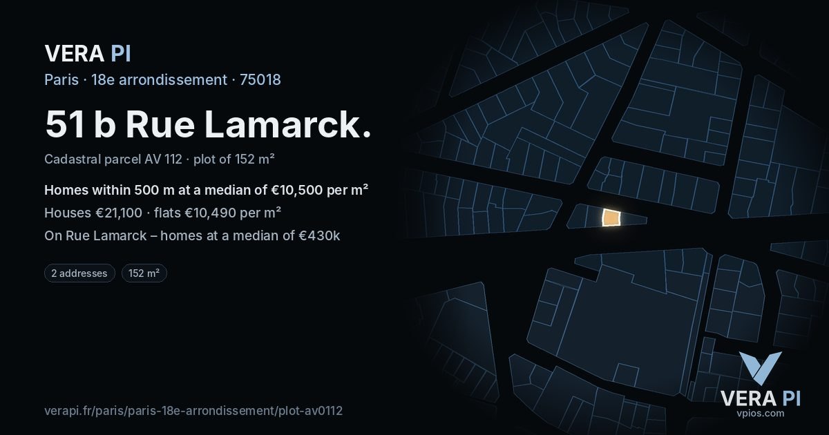 51 b Rue Lamarck, 18e arrondissement at night – the plot lit, the parcels around coloured by the prices near them