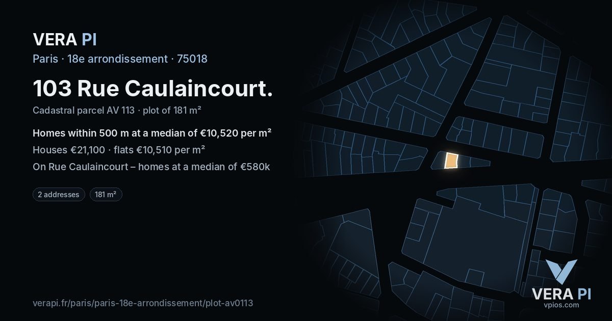103 Rue Caulaincourt, 18e arrondissement at night – the plot lit, the parcels around coloured by the prices near them
