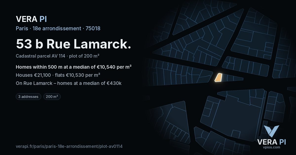 53 b Rue Lamarck, 18e arrondissement at night – the plot lit, the parcels around coloured by the prices near them