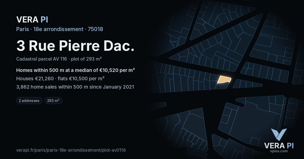3 Rue Pierre Dac, 18e arrondissement at night – the plot lit, the parcels around coloured by the prices near them