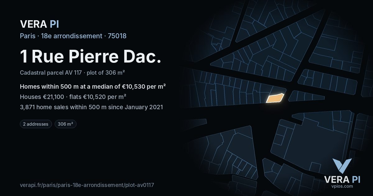 1 Rue Pierre Dac, 18e arrondissement at night – the plot lit, the parcels around coloured by the prices near them