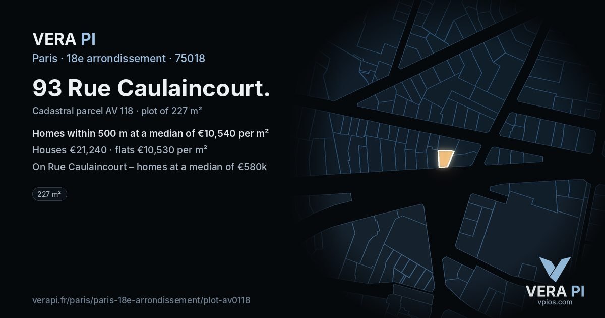 93 Rue Caulaincourt, 18e arrondissement at night – the plot lit, the parcels around coloured by the prices near them