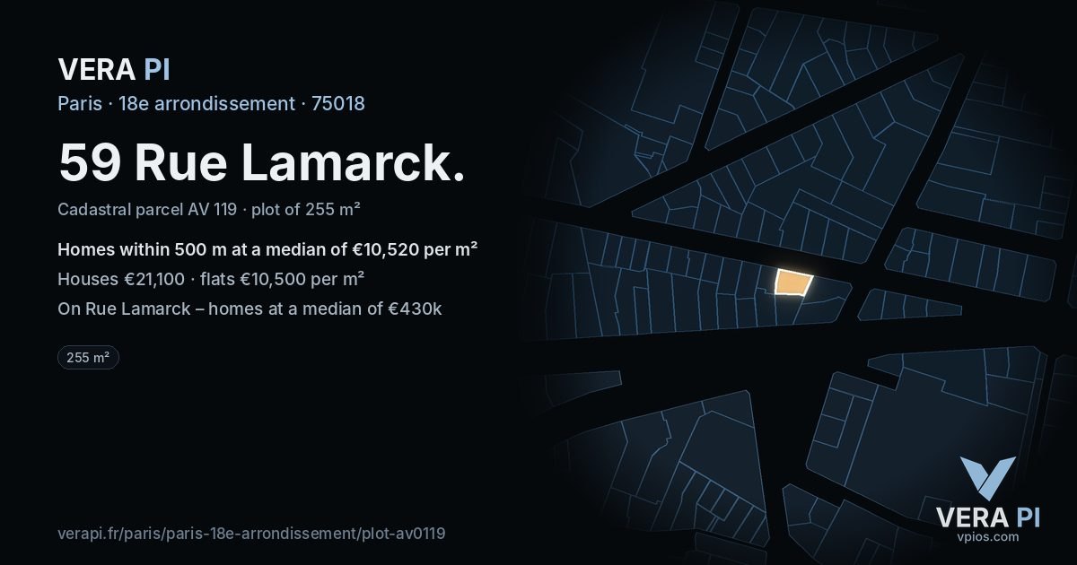 59 Rue Lamarck, 18e arrondissement at night – the plot lit, the parcels around coloured by the prices near them