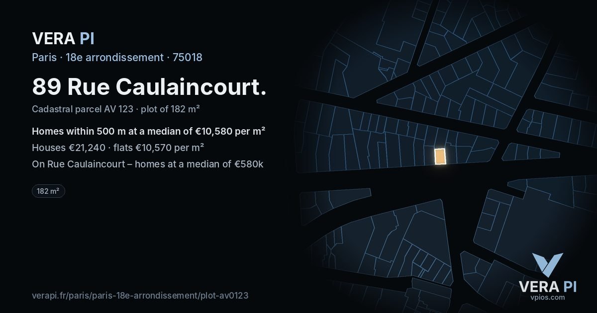 89 Rue Caulaincourt, 18e arrondissement at night – the plot lit, the parcels around coloured by the prices near them
