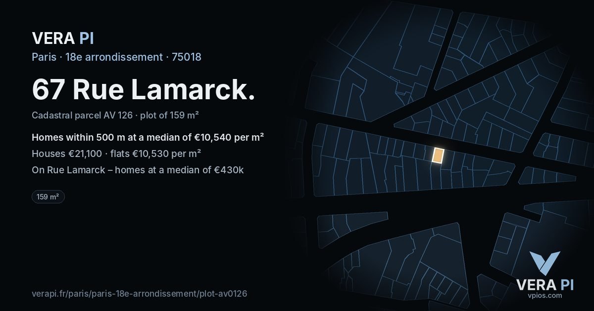 67 Rue Lamarck, 18e arrondissement at night – the plot lit, the parcels around coloured by the prices near them
