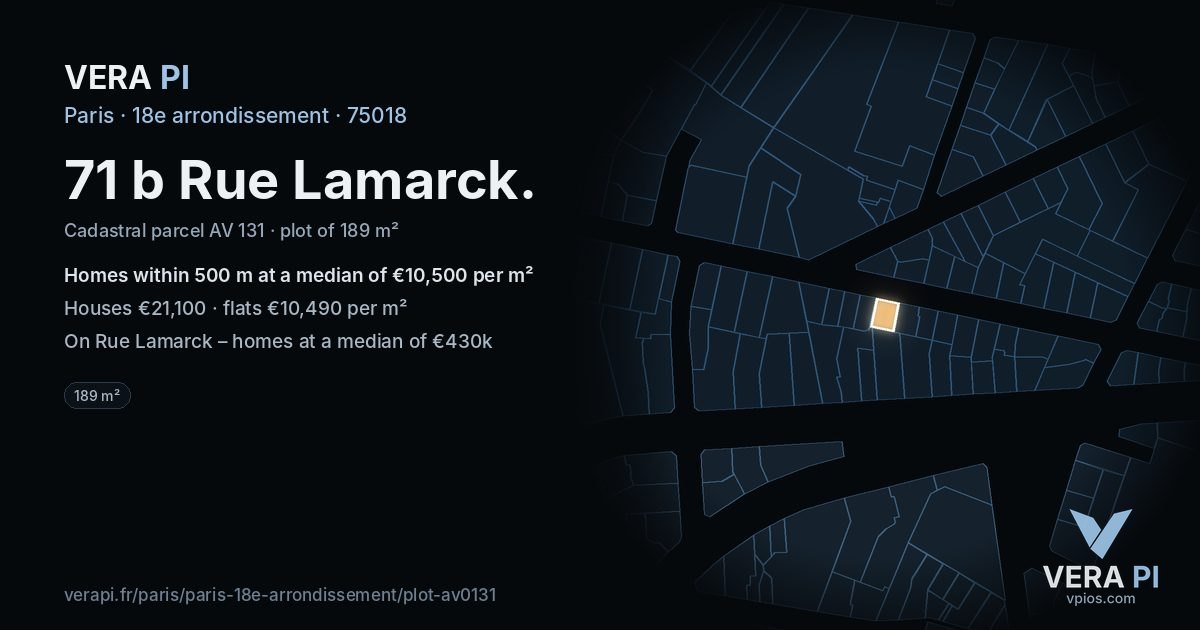 71 b Rue Lamarck, 18e arrondissement at night – the plot lit, the parcels around coloured by the prices near them