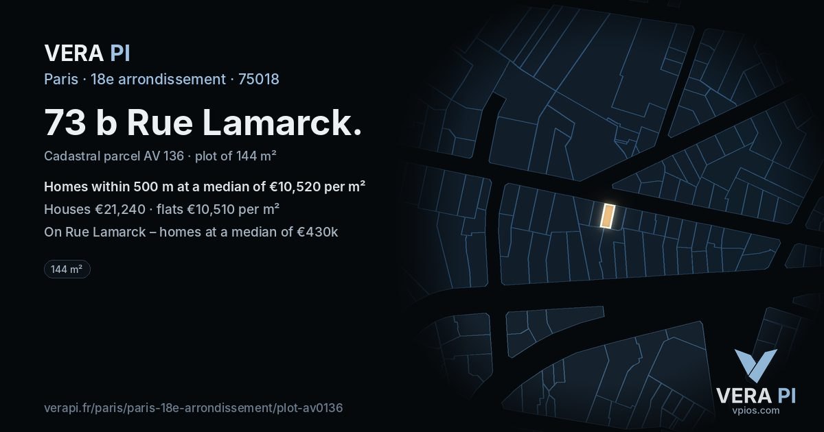 73 b Rue Lamarck, 18e arrondissement at night – the plot lit, the parcels around coloured by the prices near them
