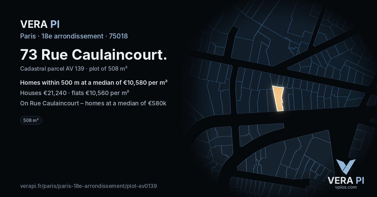 73 Rue Caulaincourt, 18e arrondissement at night – the plot lit, the parcels around coloured by the prices near them