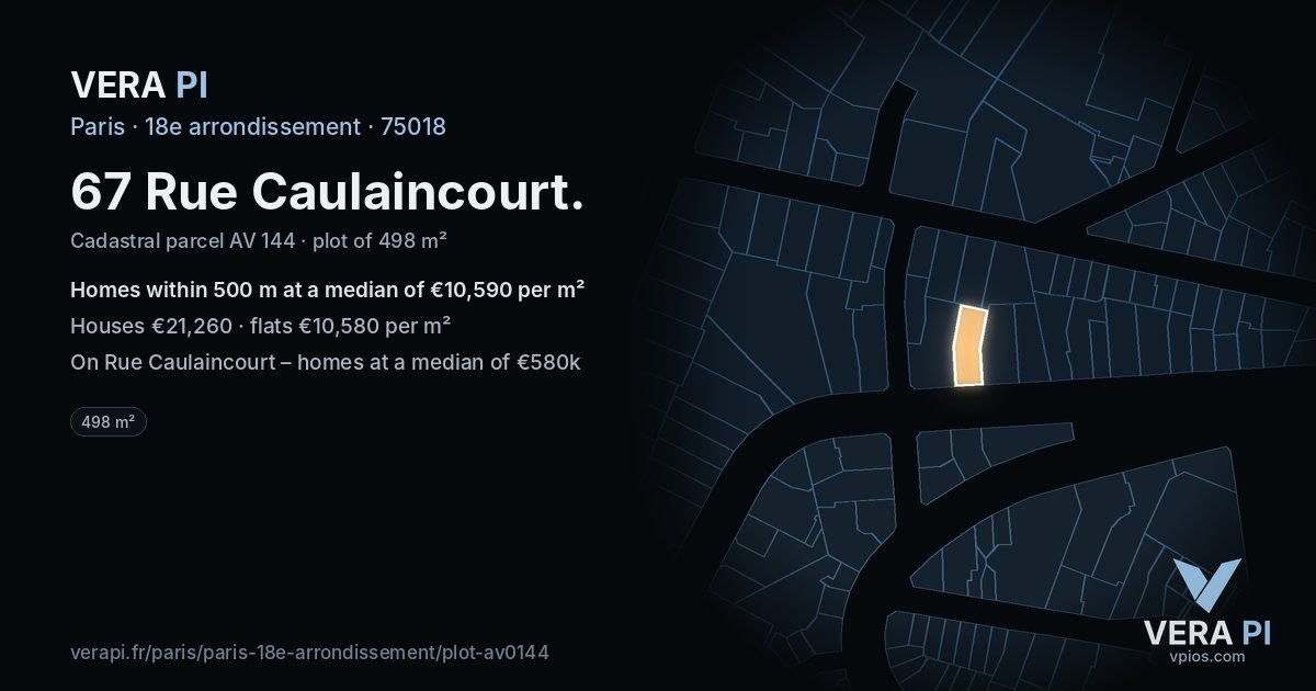 67 Rue Caulaincourt, 18e arrondissement at night – the plot lit, the parcels around coloured by the prices near them