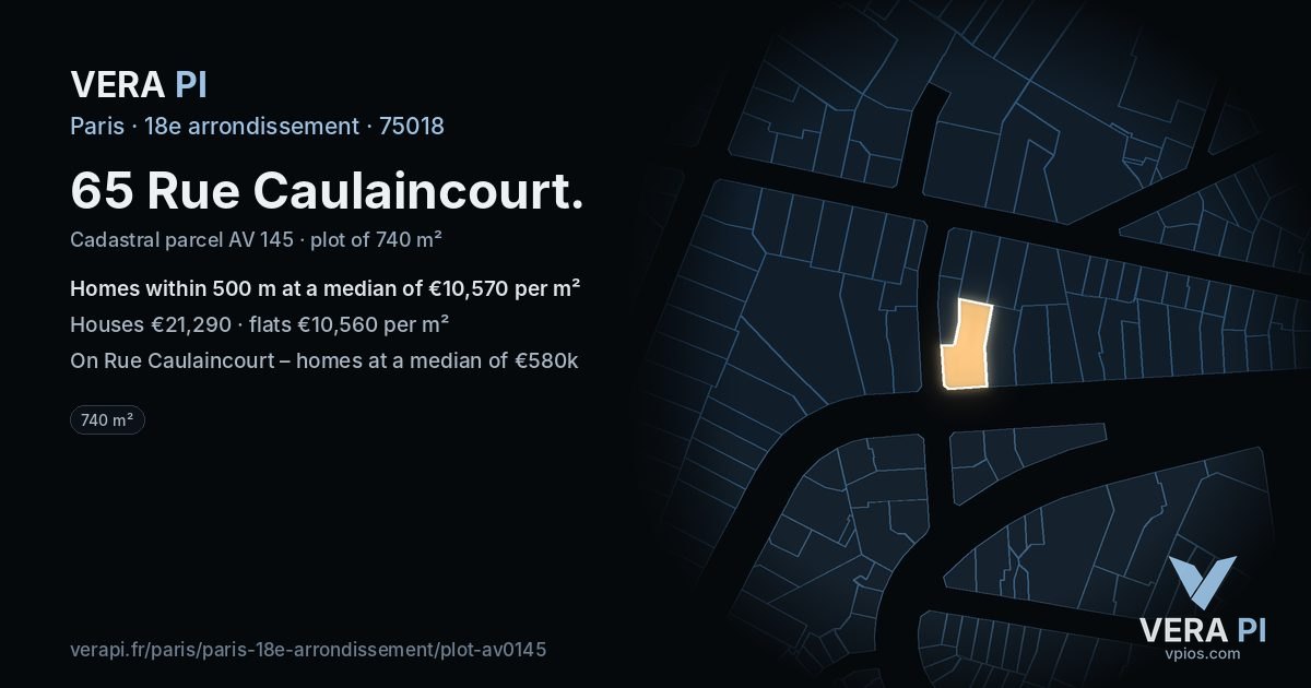 65 Rue Caulaincourt, 18e arrondissement at night – the plot lit, the parcels around coloured by the prices near them