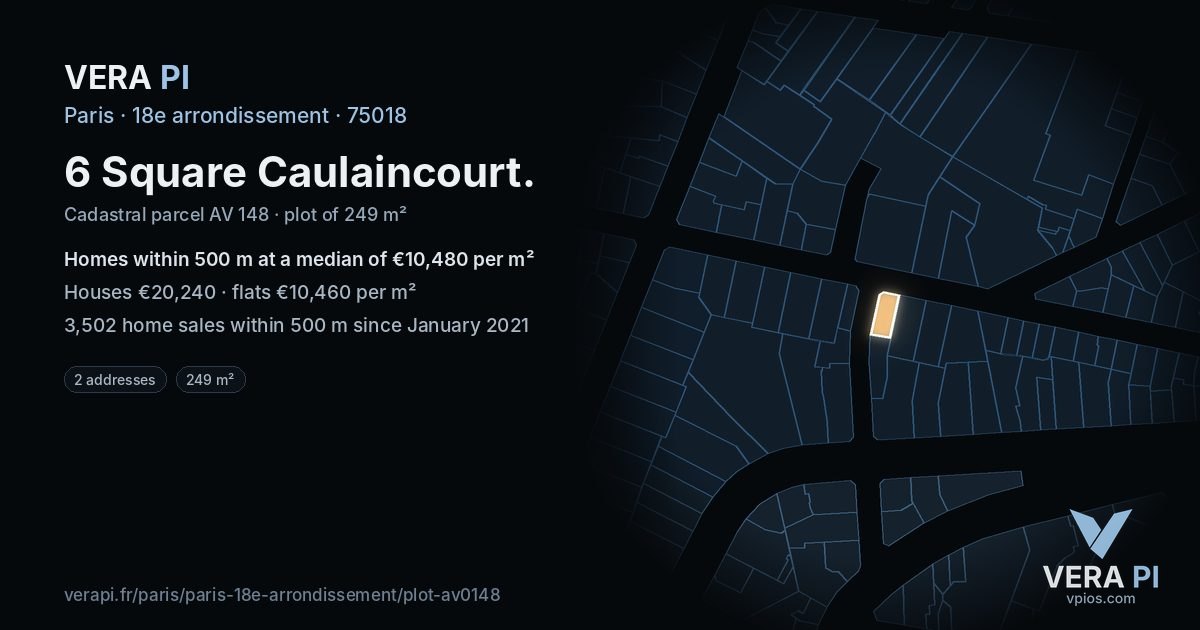 6 Square Caulaincourt, 18e arrondissement at night – the plot lit, the parcels around coloured by the prices near them