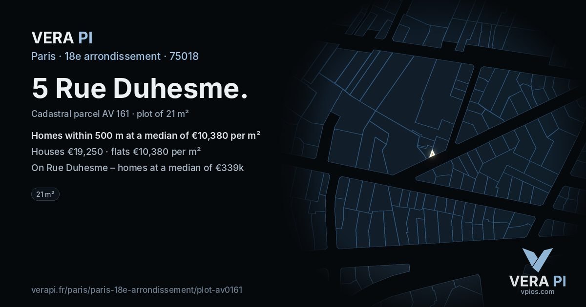 5 Rue Duhesme, 18e arrondissement at night – the plot lit, the parcels around coloured by the prices near them