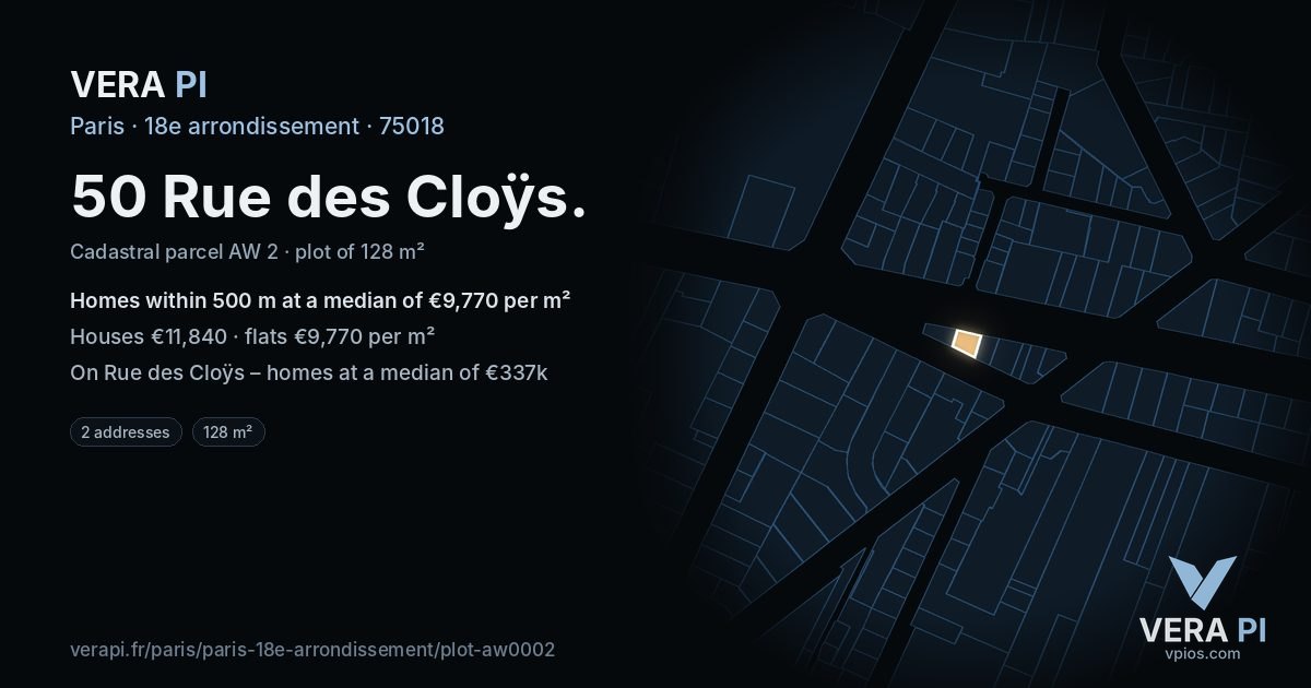 50 Rue des Cloÿs, 18e arrondissement at night – the plot lit, the parcels around coloured by the prices near them