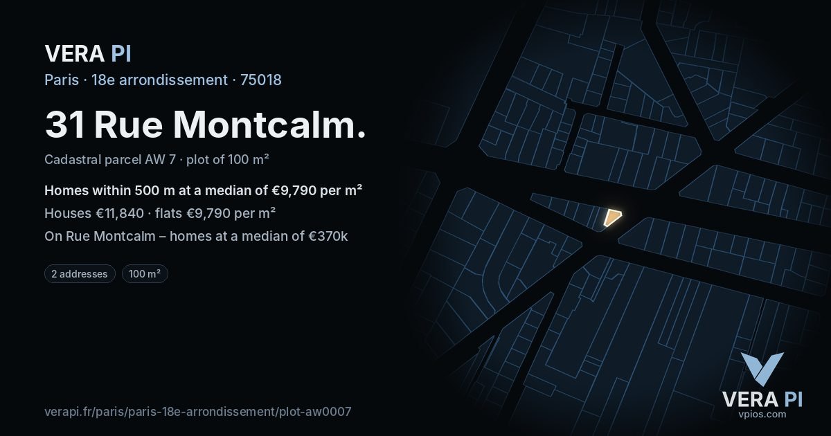 31 Rue Montcalm, 18e arrondissement at night – the plot lit, the parcels around coloured by the prices near them