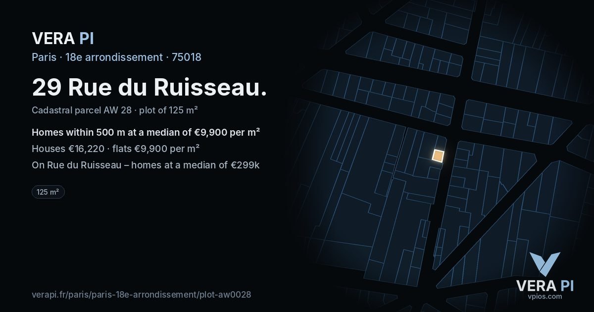 29 Rue du Ruisseau, 18e arrondissement at night – the plot lit, the parcels around coloured by the prices near them