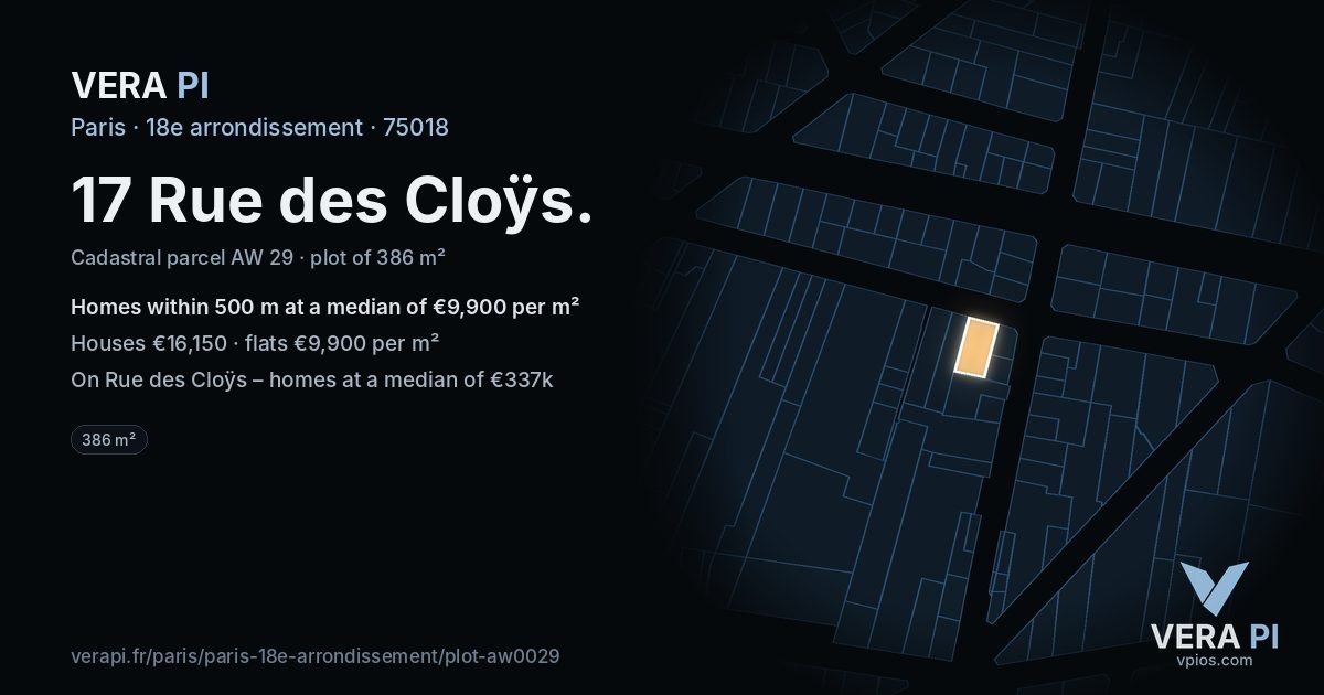 17 Rue des Cloÿs, 18e arrondissement at night – the plot lit, the parcels around coloured by the prices near them