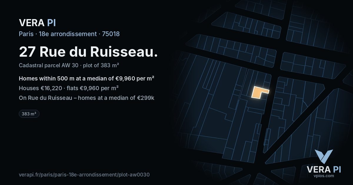 27 Rue du Ruisseau, 18e arrondissement at night – the plot lit, the parcels around coloured by the prices near them