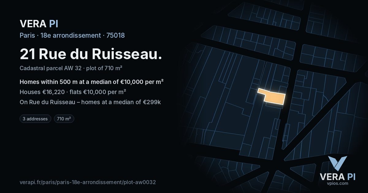 21 Rue du Ruisseau, 18e arrondissement at night – the plot lit, the parcels around coloured by the prices near them