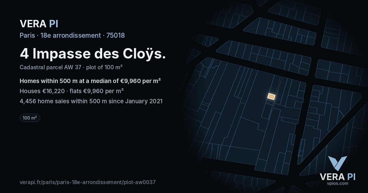 4 Impasse des Cloÿs, 18e arrondissement at night – the plot lit, the parcels around coloured by the prices near them