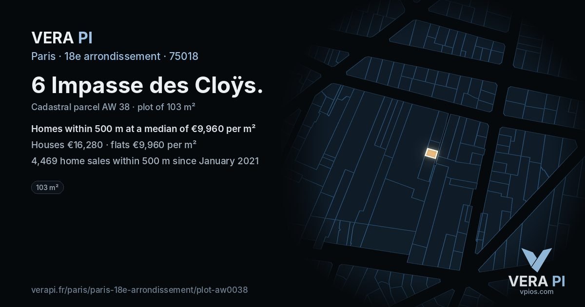 6 Impasse des Cloÿs, 18e arrondissement at night – the plot lit, the parcels around coloured by the prices near them
