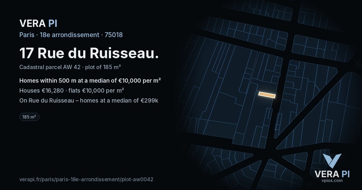 17 Rue du Ruisseau, 18e arrondissement at night – the plot lit, the parcels around coloured by the prices near them