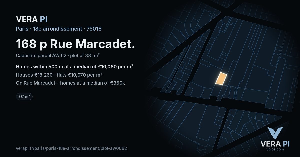 168 p Rue Marcadet, 18e arrondissement at night – the plot lit, the parcels around coloured by the prices near them