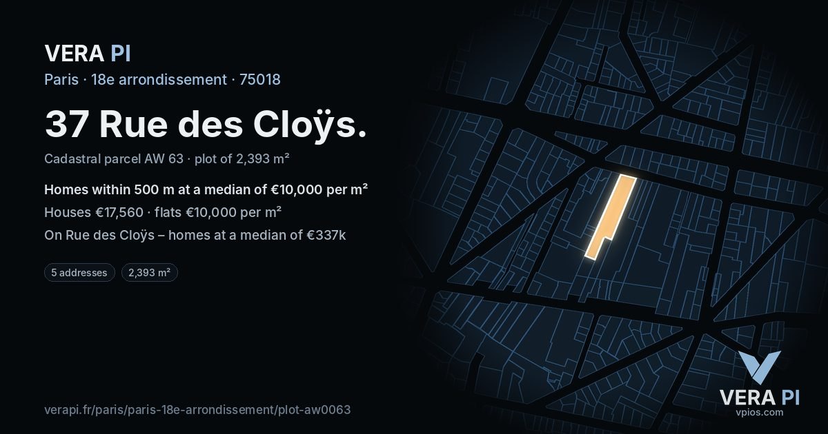 37 Rue des Cloÿs, 18e arrondissement at night – the plot lit, the parcels around coloured by the prices near them
