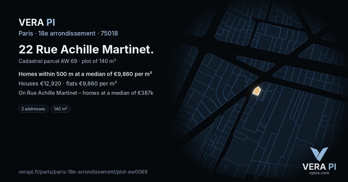 22 Rue Achille Martinet, 18e arrondissement at night – the plot lit, the parcels around coloured by the prices near them
