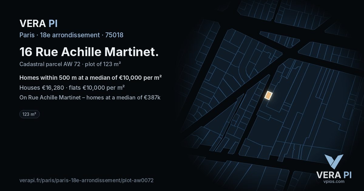 16 Rue Achille Martinet, 18e arrondissement at night – the plot lit, the parcels around coloured by the prices near them