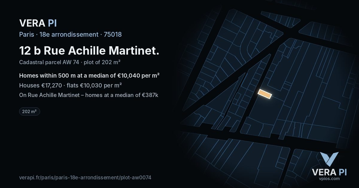 12 b Rue Achille Martinet, 18e arrondissement at night – the plot lit, the parcels around coloured by the prices near them
