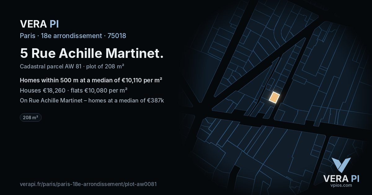 5 Rue Achille Martinet, 18e arrondissement at night – the plot lit, the parcels around coloured by the prices near them