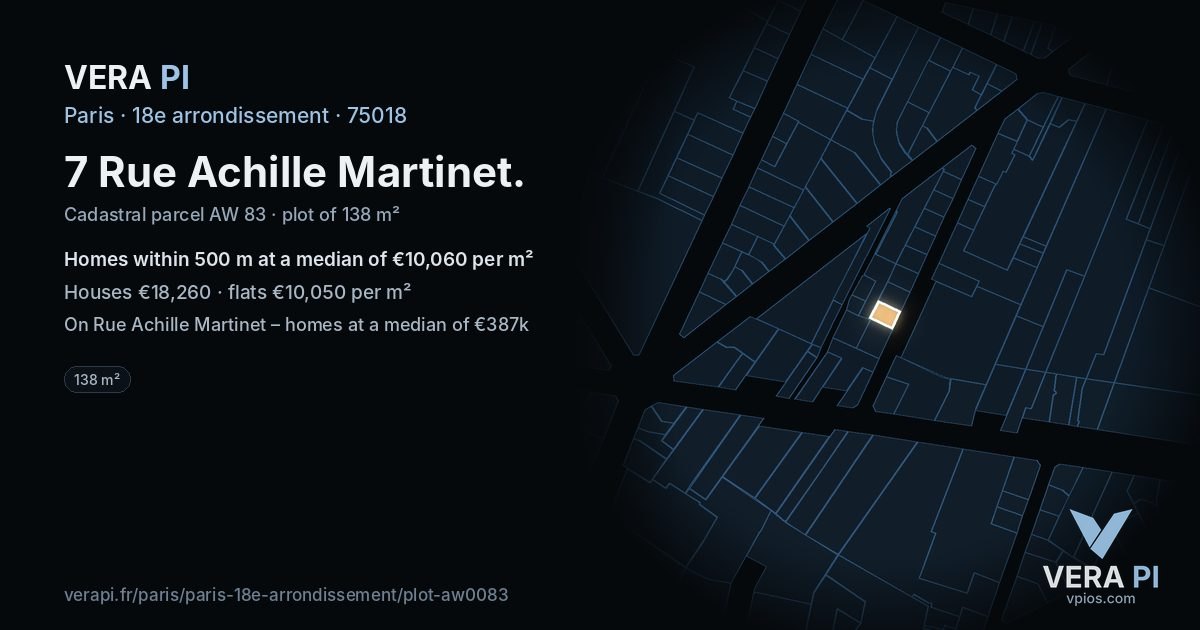 7 Rue Achille Martinet, 18e arrondissement at night – the plot lit, the parcels around coloured by the prices near them