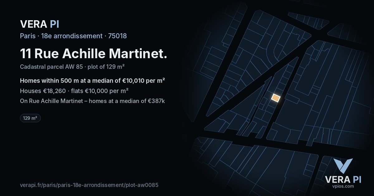 11 Rue Achille Martinet, 18e arrondissement at night – the plot lit, the parcels around coloured by the prices near them