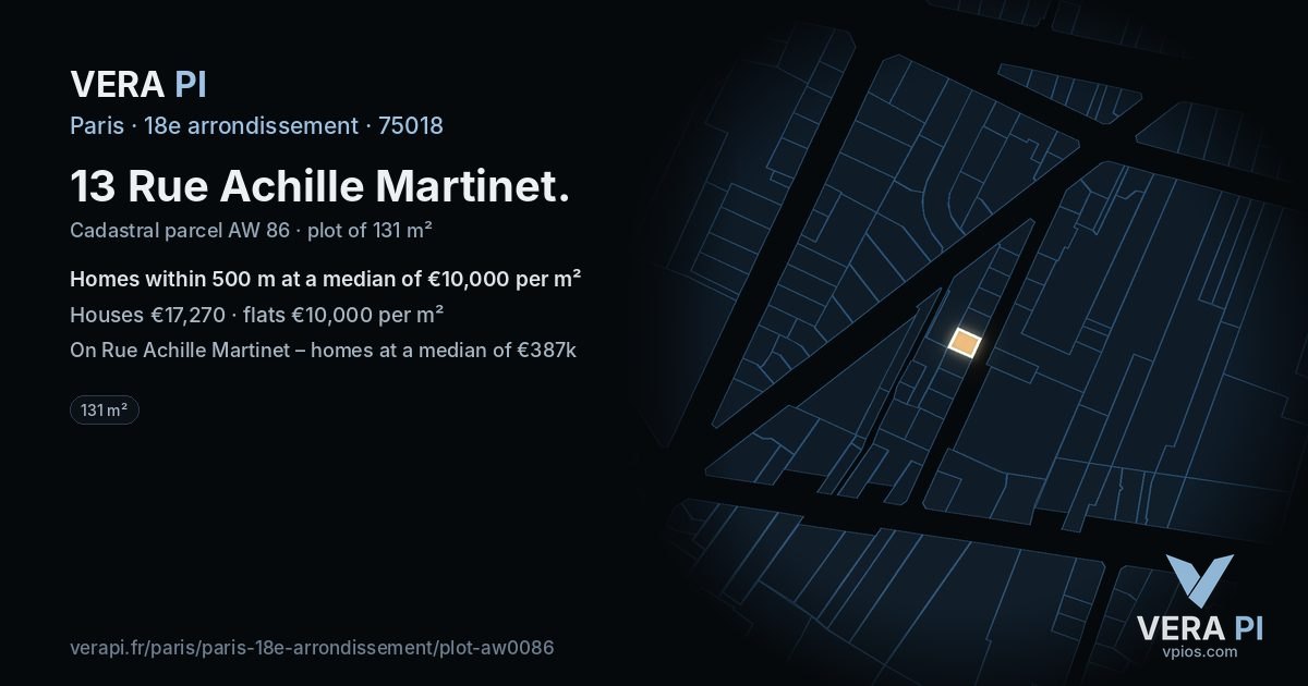 13 Rue Achille Martinet, 18e arrondissement at night – the plot lit, the parcels around coloured by the prices near them