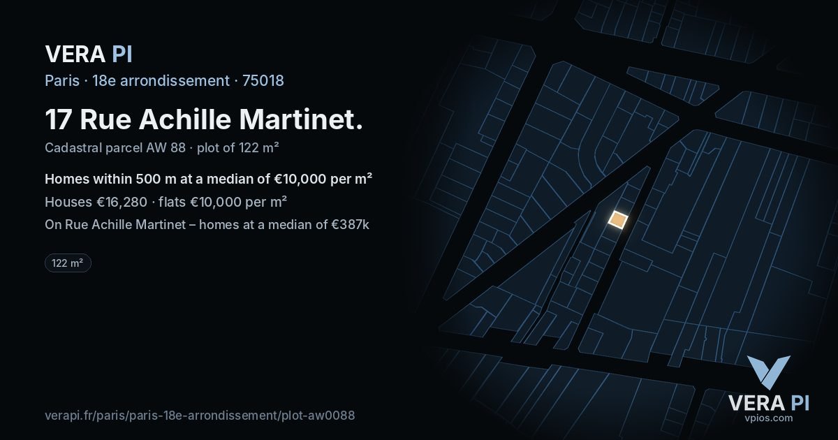 17 Rue Achille Martinet, 18e arrondissement at night – the plot lit, the parcels around coloured by the prices near them