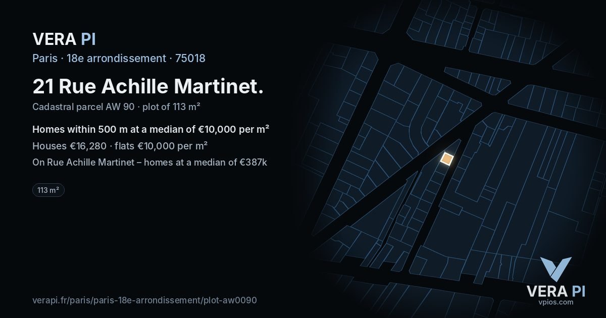 21 Rue Achille Martinet, 18e arrondissement at night – the plot lit, the parcels around coloured by the prices near them