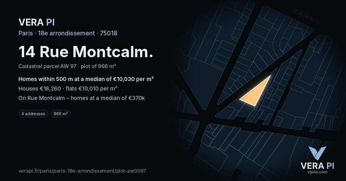 14 Rue Montcalm, 18e arrondissement at night – the plot lit, the parcels around coloured by the prices near them