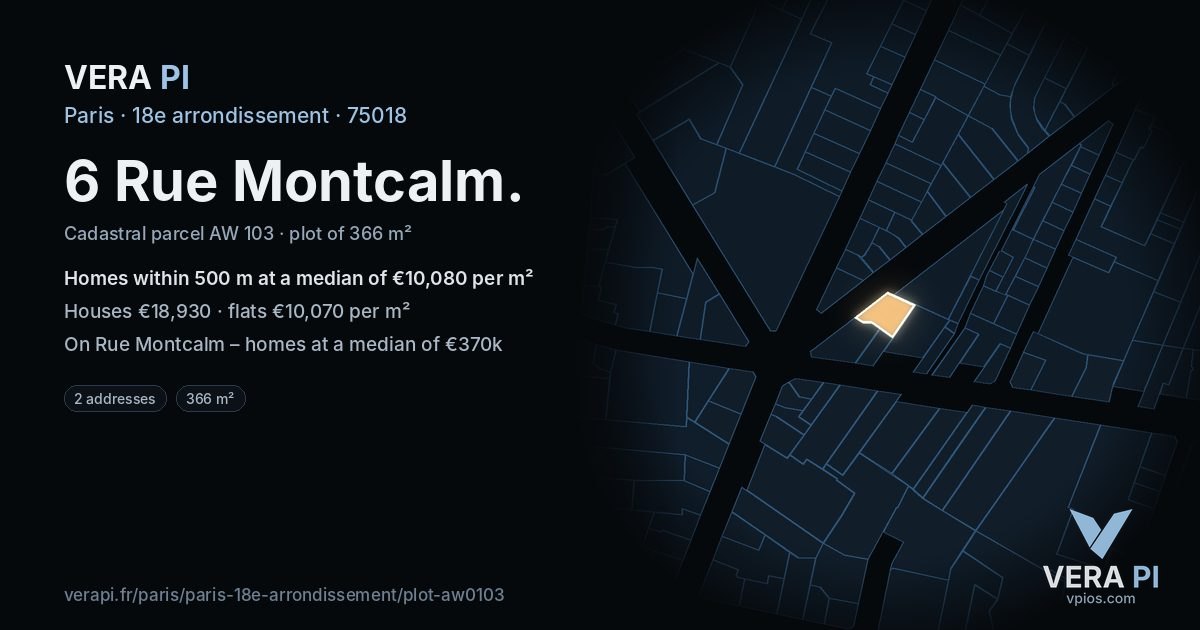6 Rue Montcalm, 18e arrondissement at night – the plot lit, the parcels around coloured by the prices near them