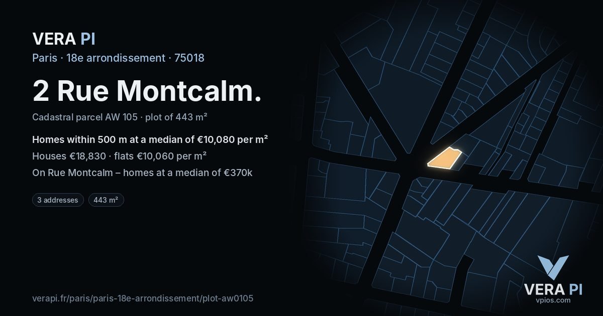 2 Rue Montcalm, 18e arrondissement at night – the plot lit, the parcels around coloured by the prices near them