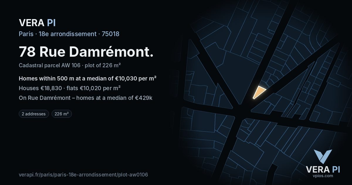 78 Rue Damrémont, 18e arrondissement at night – the plot lit, the parcels around coloured by the prices near them