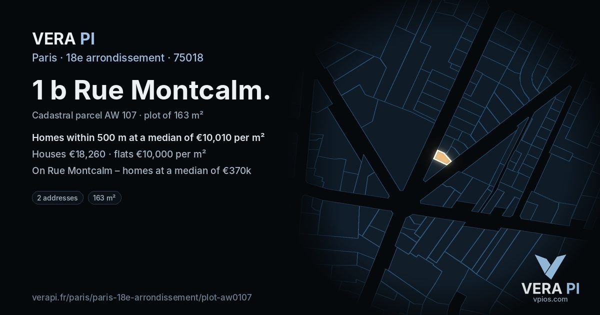 1 b Rue Montcalm, 18e arrondissement at night – the plot lit, the parcels around coloured by the prices near them