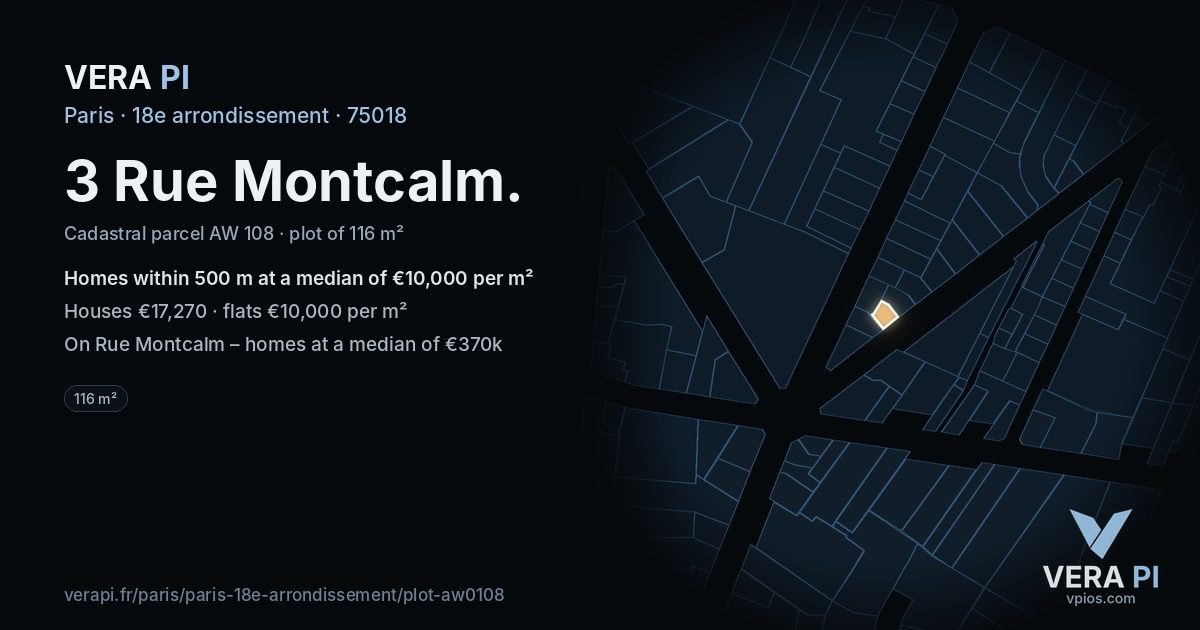 3 Rue Montcalm, 18e arrondissement at night – the plot lit, the parcels around coloured by the prices near them