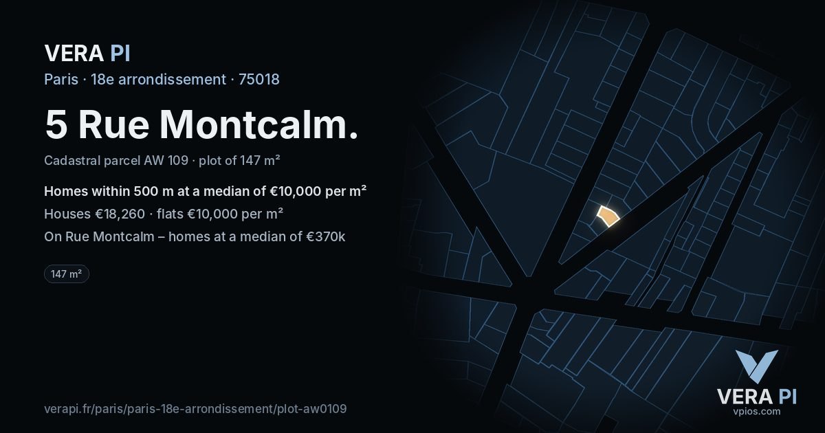 5 Rue Montcalm, 18e arrondissement at night – the plot lit, the parcels around coloured by the prices near them
