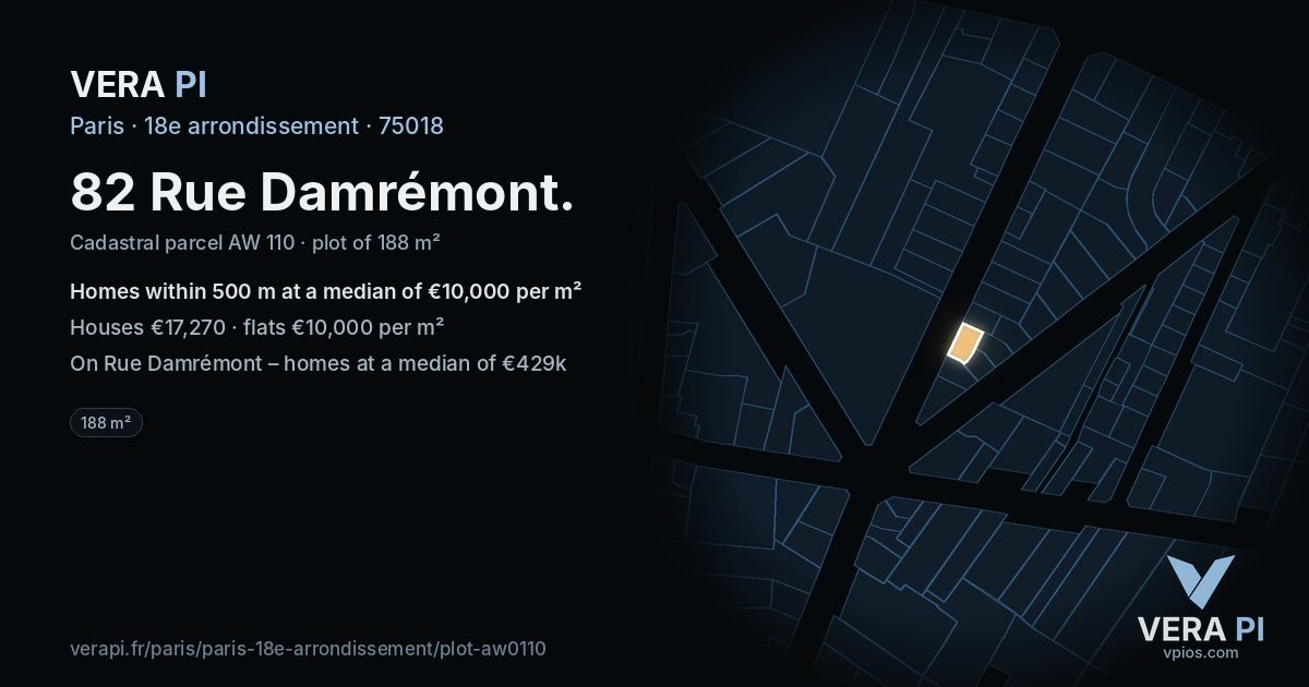 82 Rue Damrémont, 18e arrondissement at night – the plot lit, the parcels around coloured by the prices near them