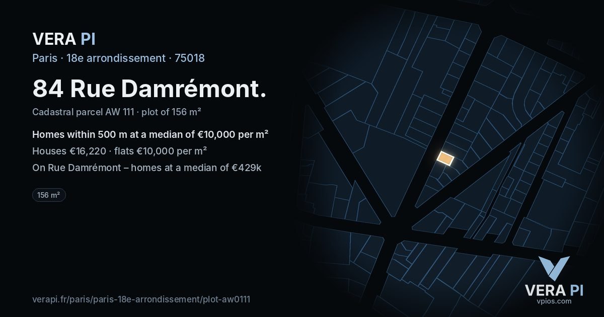 84 Rue Damrémont, 18e arrondissement at night – the plot lit, the parcels around coloured by the prices near them