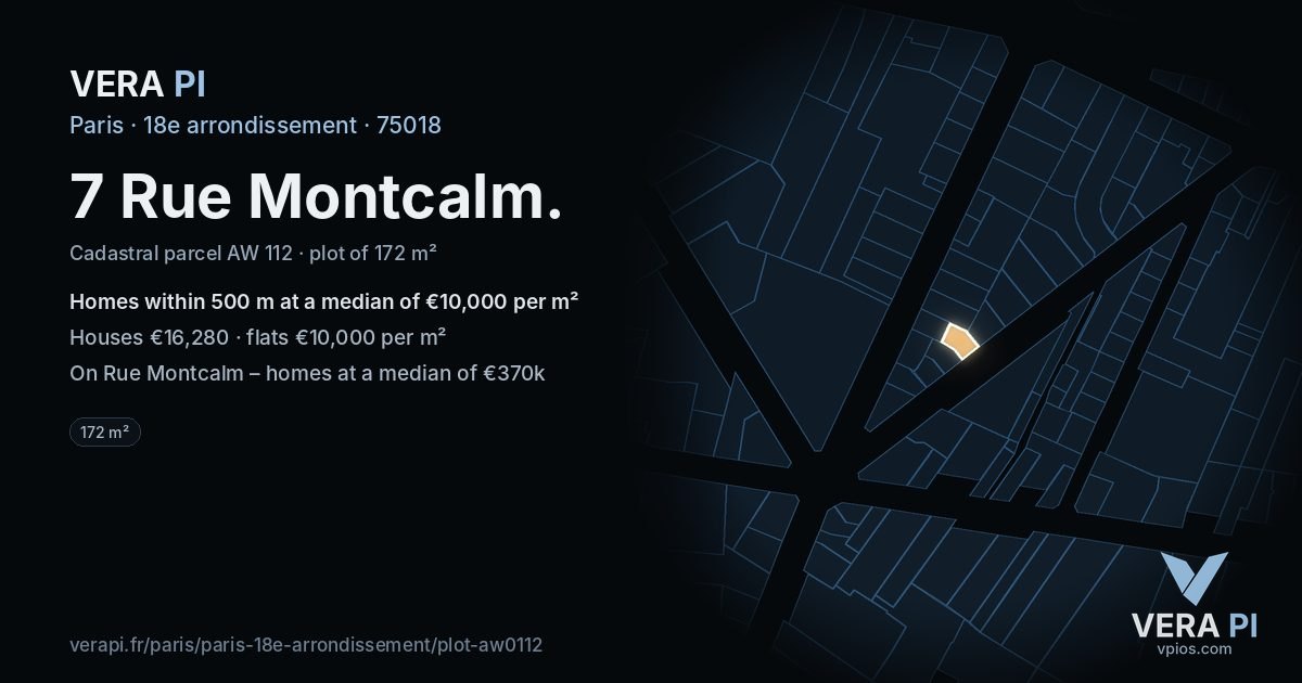 7 Rue Montcalm, 18e arrondissement at night – the plot lit, the parcels around coloured by the prices near them