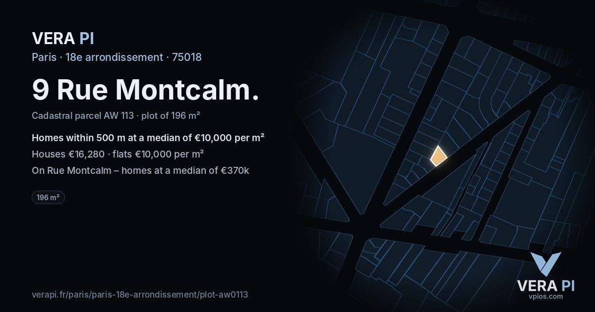 9 Rue Montcalm, 18e arrondissement at night – the plot lit, the parcels around coloured by the prices near them