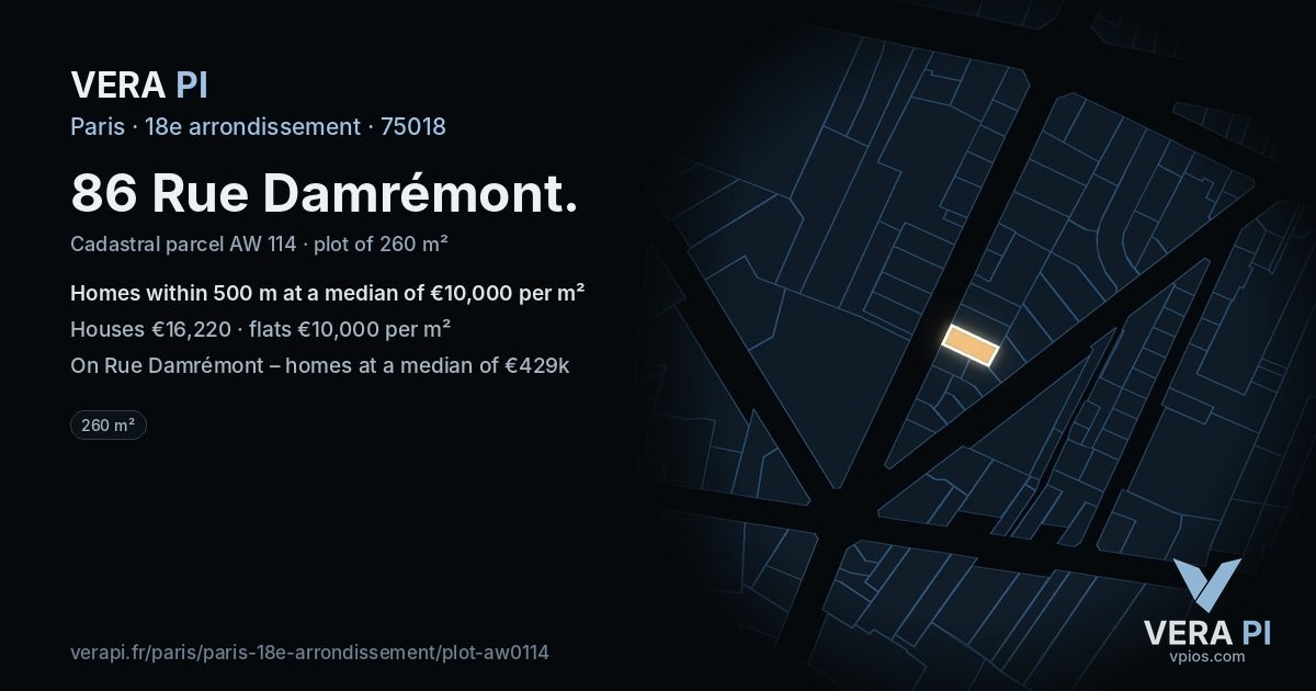 86 Rue Damrémont, 18e arrondissement at night – the plot lit, the parcels around coloured by the prices near them