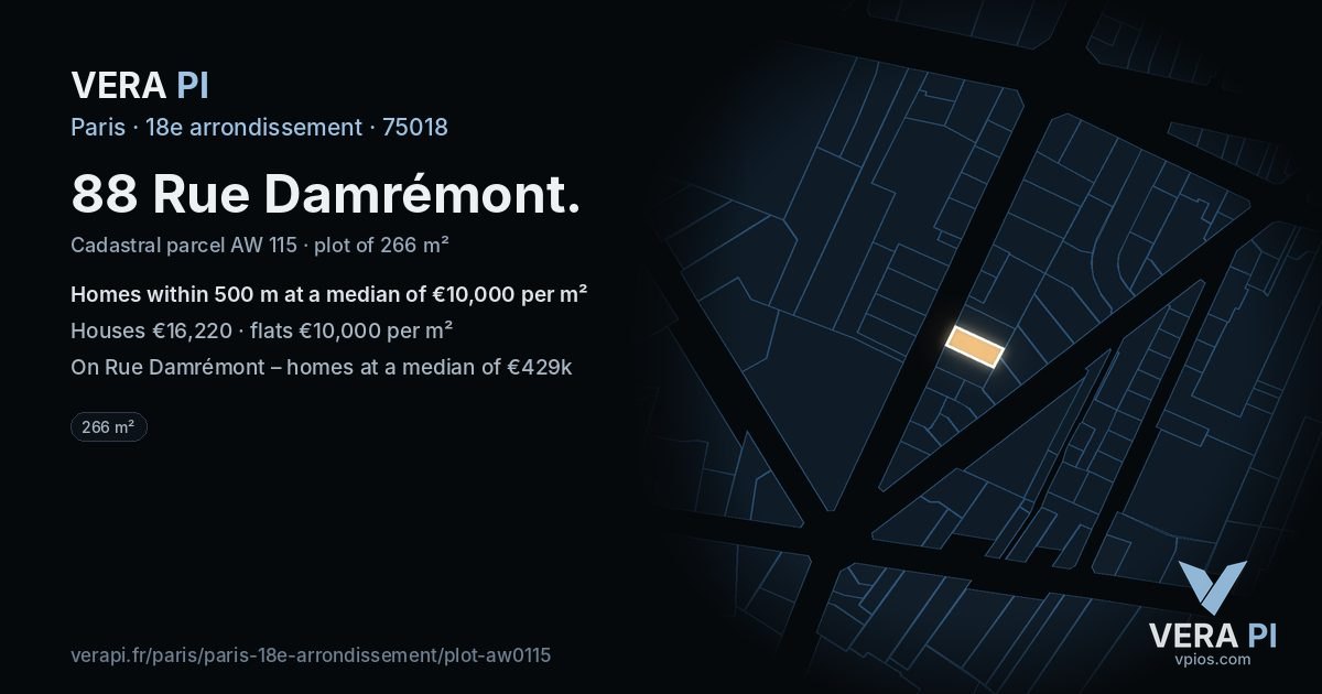 88 Rue Damrémont, 18e arrondissement at night – the plot lit, the parcels around coloured by the prices near them